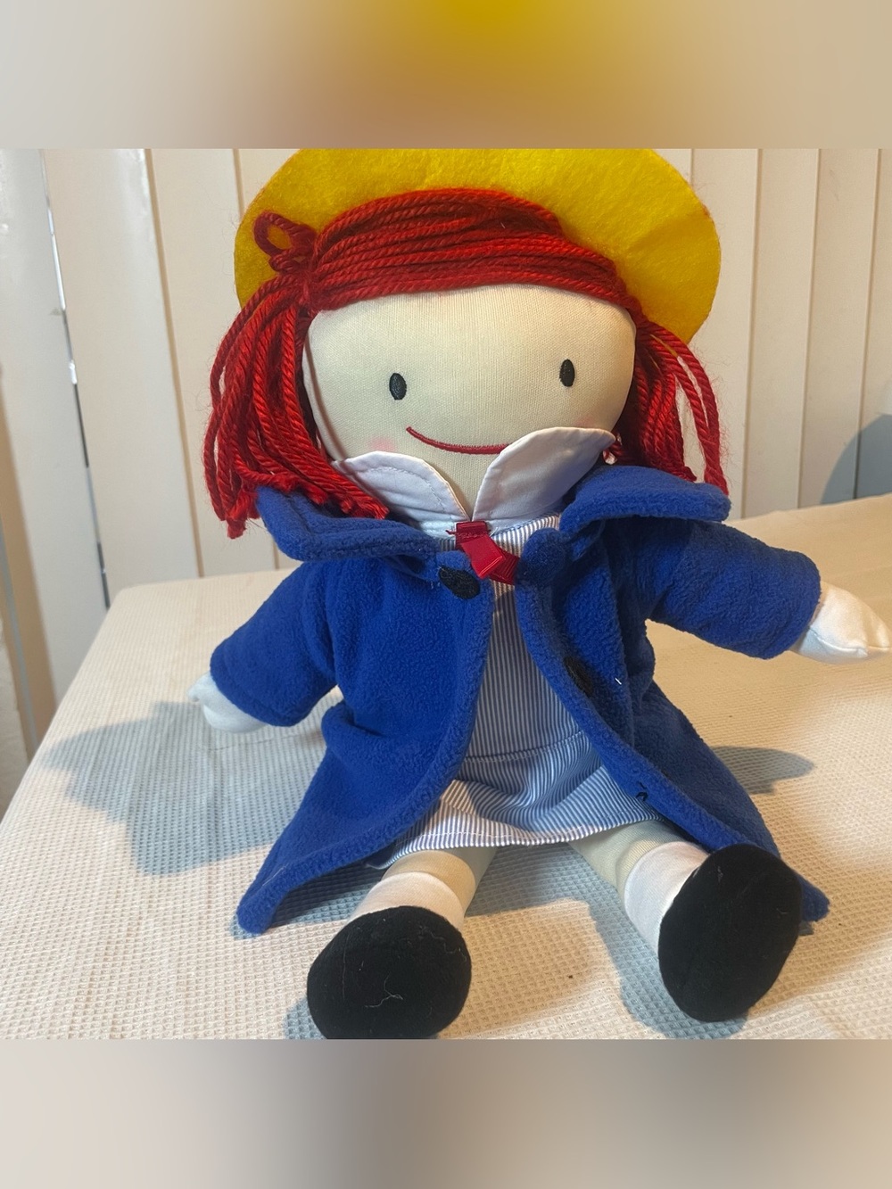Vintage 1995 Madeline Plush Doll Blue Coat Yellow Hat Rag Doll Toy